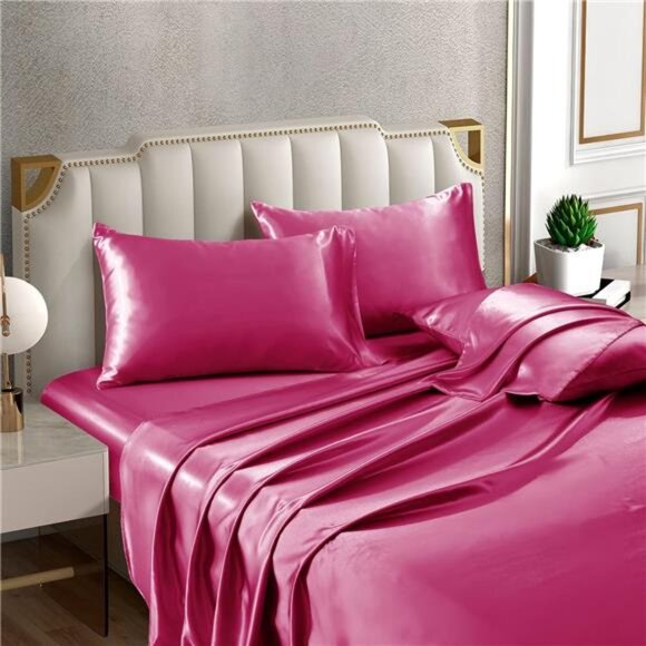 Horbaunal 6 Piece Satin Sheet Set King Size Luxury Silky & Soft Hot Pink Satin - Picture 3 of 16